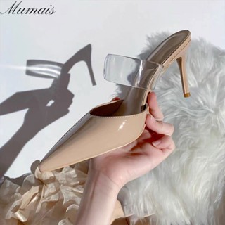 Mumais  Womens sandals patent leather high-heeled sandals with thin heels, one word with transparent head covering, half slippers for external wear