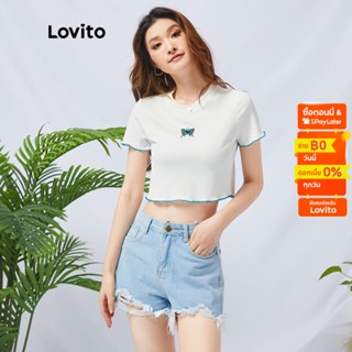 Lovito เสื้อยืดครอป คอกลม ลายผีเสื้อ สไตล์ลำลอง L11D09 (สีขาว)