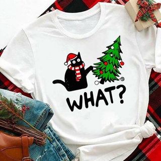 [COD]Santa Murderous Black Cat What T Shirt Funny Women Christmas Holiday Gift Tshirt Fashion 90s Cat Mom Graphic Tee Sh