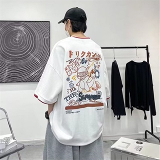 Harajuku Style Unique Contrast Color Graffiti Cartoon Print Fake Two-Piece Short-Sleeved T-Shirt Men Women Trendy R_02