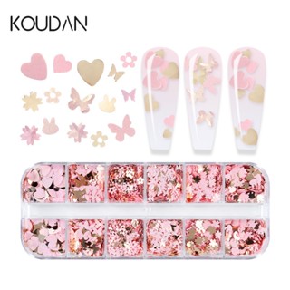 Koudan สติกเกอร์อีพ็อกซี่ ลายผีเสื้อ หัวใจ เลื่อม สีชมพู สําหรับตกแต่งเล็บเจล