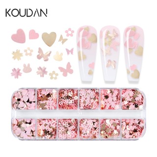 Koudan สติกเกอร์อีพ็อกซี่ ลายผีเสื้อ หัวใจ เลื่อม สีชมพู สําหรับตกแต่งเล็บเจล