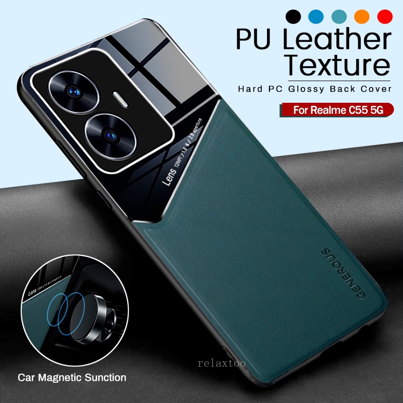 หนัง Texture Hard Casing สําหรับ Realme C63 C55 C35 C51 C53 RealmeC63 RealmeC55 RealmeC53 NFC 5G 4G โทรศัพท ์ กรณีรถผู ้ ถือแม ่ เหล ็ กเลนส ์ ป ้ องกันกันกระแทกปกหลัง