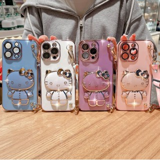เคสโทรศัพท์มือถือนิ่ม ลายเฮลโลคิตตีน่ารัก พร้อมกระจกแต่งหน้า และสายคล้อง หรูหรา สําหรับ iPhone 6 Plus 6s Plus 7 Plus 8 Plus XS Max XR