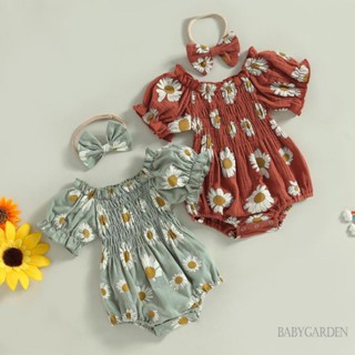 Babygarden-0-24m ชุดรอมเปอร์ แขนสั้น พิมพ์ลายดอกเดซี่ พร้อมที่คาดผม แฟชั่นฤดูร้อน สําหรับเด็กผู้หญิง