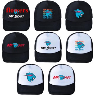 หมวกเบสบอล ผ้าตาข่าย พิมพ์ลายการ์ตูน Mr Beast สีดํา และสีขาว