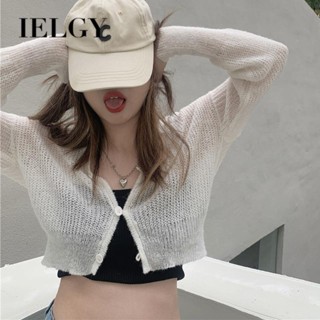 IELGY เสื้อแจ็กเก็ตคาร์ดิแกน ผ้าถัก กันแดด สีพื้น สไตล์ฝรั่งเศส เรโทร สําหรับผู้หญิง