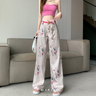 MANSA Fashion Print Wide Leg Pants With Belt กางเกงขายาว กางเกงขากว้าง