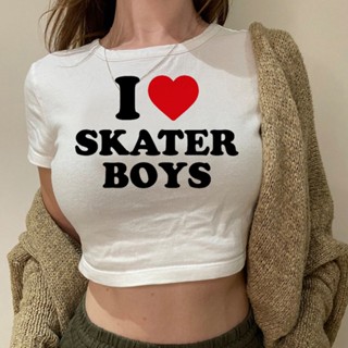 เสื้อครอปท็อป ลาย i love skater boys cyber y2k yk2 สําหรับผู้หญิง และผู้ชาย