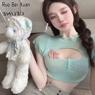 RUO BEI XUAN เสื้อยืดสตรีฤดูร้อนใหม่ผ้าฝ้ายสีมาการองแขนสั้นกลวงออกแบบถักด้านบนสั้น