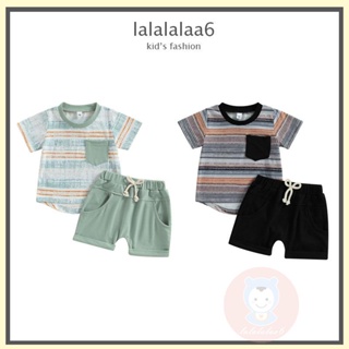 Laa6- เสื้อยืดคอกลม แขนสั้น ลายทาง พร้อมกางเกงขาสั้น เอวยางยืด สําหรับเด็กผู้ชาย