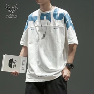 HANLU เสื้อยืด Tide Brand เสื้อยืดแขนสั้นผู้ชายเทรนด์อินสไตล์ฮ่องกงครึ่งแขนหลวมพิมพ์ใหญ่คู่สีขาวสีดำ