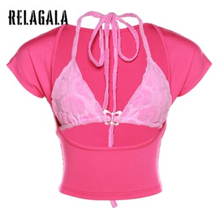 Relagala ใหม่ เสื้อยืดลําลอง แขนสั้น คอกลม เปิดหลัง สีพื้น แฟชั่นสําหรับสตรี 2023