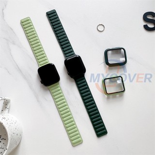 สายนาฬิกาข้อมือหนัง สีพื้น พร้อมเคสกระจก อุปกรณ์เสริม สําหรับ Apple Watch Series Ultra 8 7 6 SE 5 4 3 2 1 iWatch ขนาด 49 มม. 45 มม. 41 มม. 44 มม. 40 มม. 42 มม. 38 มม.