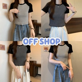 OFF SHOP พร้อมส่ง (OFF-20167) เสื้อยืดไหมพรมคอกลมแขนสั้น ดีเทลลายทางรัดรูป -C