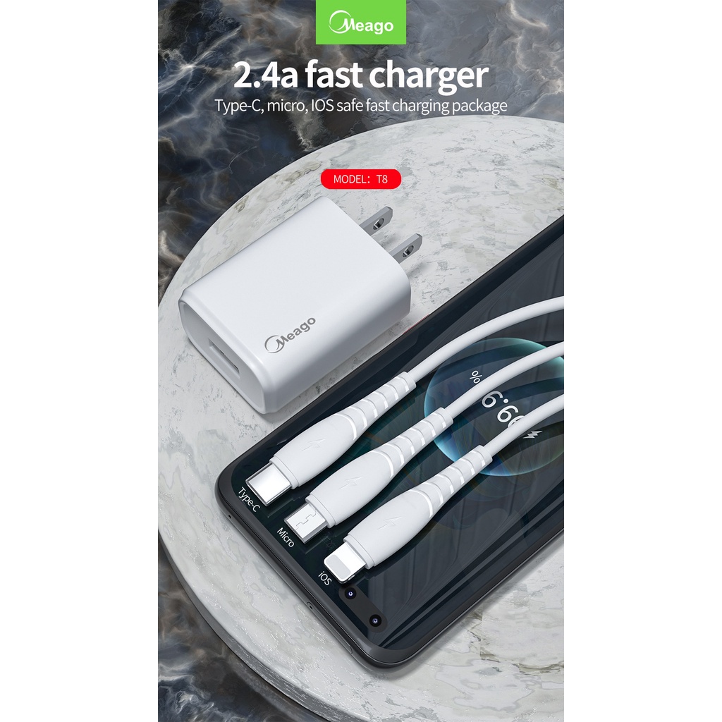 Meago T8 ชุดชาร์จ หัวชาร์จพร้อมสายชาร์จ2.4A fast charger adapter อะแดปเตอร์ ปลั๊ก สีขาว รับประกัน1ปี