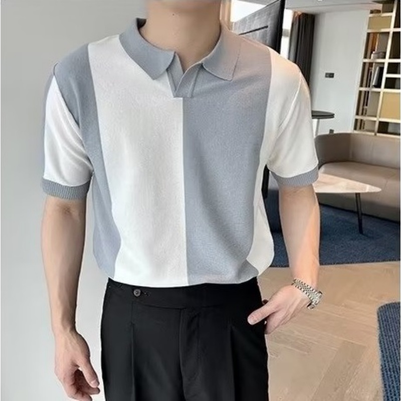ครึ่งแขนเสื้อโปโลผู้ชายผ้าไหมน้ําแข็งถักปก Casual Stripes Contrast สี Breathable T-