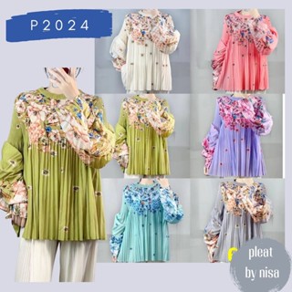 Pleatbynisa P2024 เสื้ออัดพลีท แขนจีบยาว แต่งลายดอก สวยหวาน ฟรีไซส์ s-xxl ใส่ได้ เนื้อผ้้าคุณภาพ polyester100%