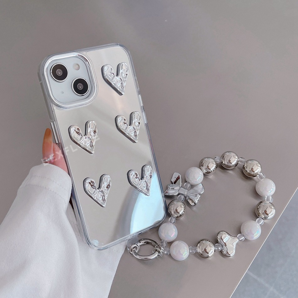 เคสโทรศัพท์มือถือ ซิลิโคนนิ่ม กันกระแทก พร้อมกระจก และสายคล้อง จี้หัวใจ 3D สําหรับ IPhone 7 8 Plus 11 12 13 14 Pro MAX 13Pro X XR XS MAX 14Plus SE 2020