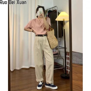 Ruo Bei Xuan  เสื้อยืดสตรีแขนสั้นพิมพ์ใหม่เสื้อยืดผ้าฝ้ายแท้หลวมสบาย ๆ ด้านบน