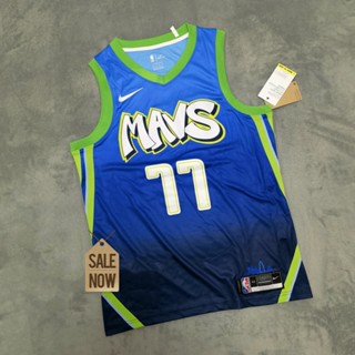 เสื้อกีฬาบาสเก็ตบอล Motion 2019-20 NBA Dallas Mavericks สําหรับผู้ชาย #เสื้อกีฬาแขนสั้น ลายทีม Luka Doncic Heat Pressed Retro City Edition 77 สีฟ้า 730352