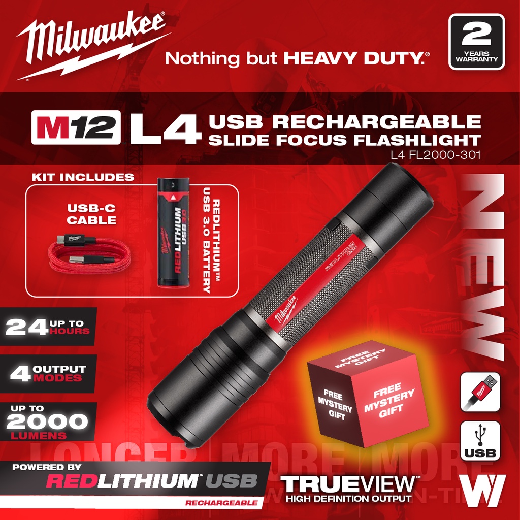 MILWAUKEETM L4 REDLITHIUMTM USB ชาร์จ 2,000L Slide Focus ไฟฉาย [L4 FL2000-301]