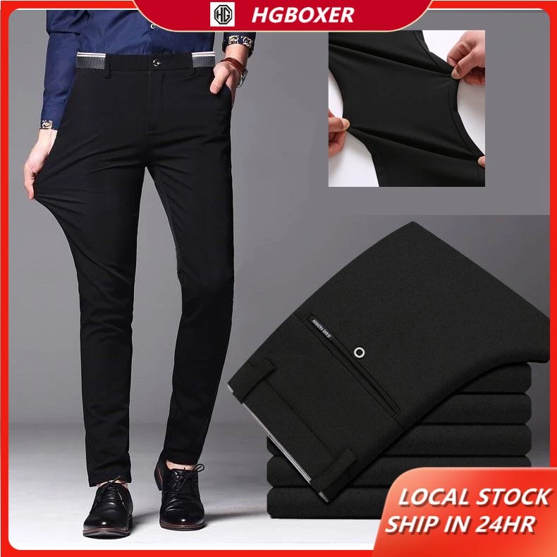 Ready Stock Mens Black Slacks Business Office อย่างเป็นทางการยืดกางเกงขายาวลําลอง Slimfit