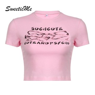 Sweeticme เสื้อยืดลําลอง แขนสั้น คอกลม พิมพ์ลายตัวอักษร แฟชั่นฤดูร้อน สําหรับสตรี 2023