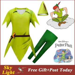 Peter Pan Inspired เครื่องแต่งกายสําหรับเด็กผู้ชาย เสื้อยืดสีเขียว หมวก กางเกง ชุดคอสเพลย์ฮาโลวีน ปาร์ตี้วันเกิด เสื้อผ้าเด็กผู้ชาย