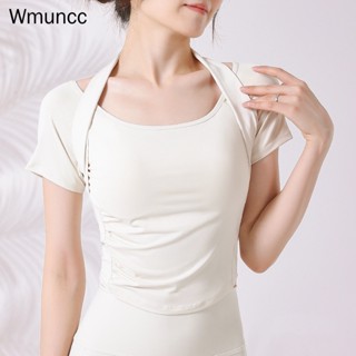 Wmuncc เสื้อยืดแขนสั้น คอจับจีบ แห้งเร็ว เหมาะกับใส่เล่นโยคะ วิ่งออกกําลังกาย สําหรับผู้หญิง