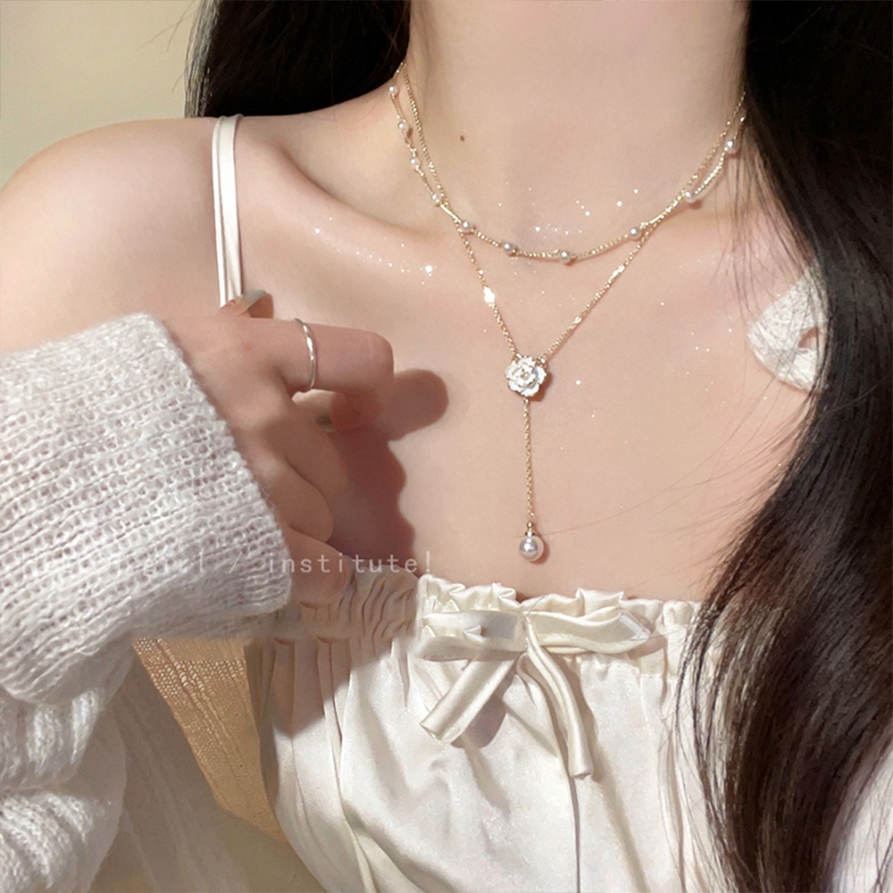 เครื่องประดับ สร้อยคอโชคเกอร์ จี้ดอกคามิเลีย ประดับไข่มุก มีหลายชั้น สีทอง สําหรับผู้หญิง