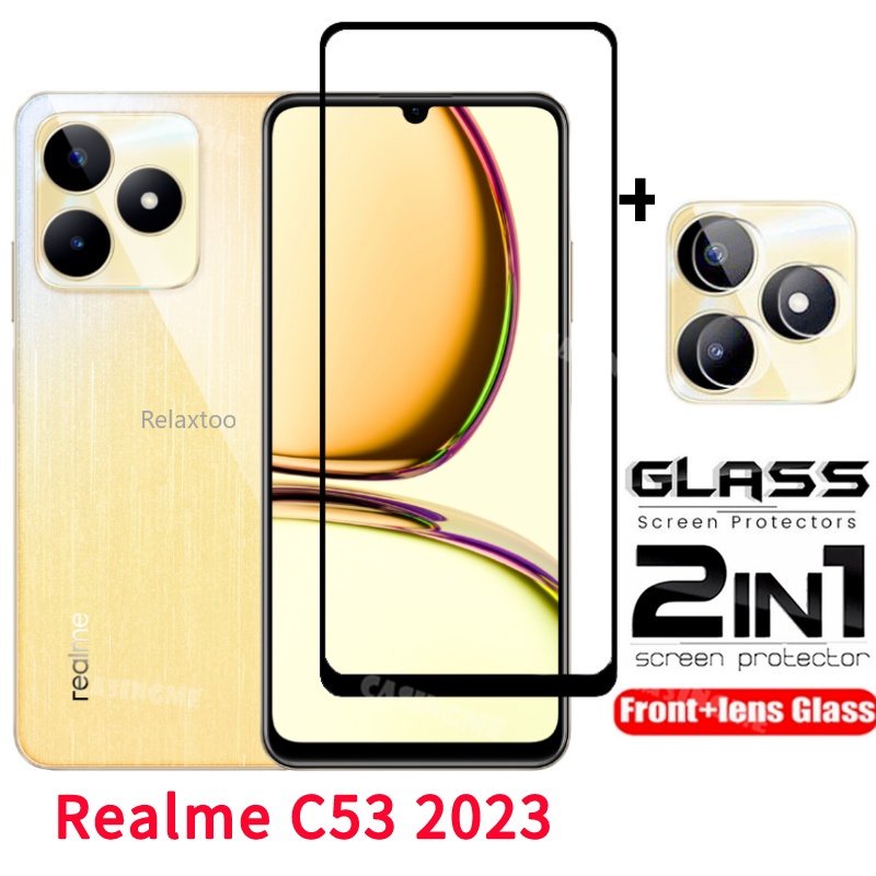 2in1 Full CoverกระจกนิรภัยสําหรับRealme C63 C53 C51 C 53 51 63 NFC RealmeC53 RealmeC63 5G 4Gโทรศัพท ์ ด ้ านหน ้ ากล ้ องฟิล ์ มหน ้ าจอโค ้ ง HD Clear Protectorฝาครอบแก ้ วฟิล ์ ม