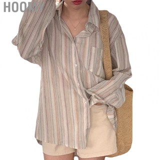 Hoomy Women Long Sleeve Shirt  Cotton Blend  Pocket Women Loose Stripe Blouse Turn Down Collar  for Sun Protection