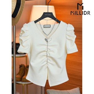 เสื้อยืดแขนสั้น คอวี ประดับเพชร แฟชั่นใหม่