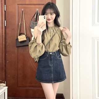 [Annie] ชุดเสื้อเกาะอก กระโปรงยีน ทรงเอ ไฮเอนด์ สไตล์ฝรั่งเศส แฟชั่น สองชิ้น