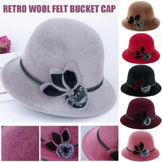 New Retro Wool Felt Bucket Cap Ladies Flower Cloche Church Bowler Hat Winter