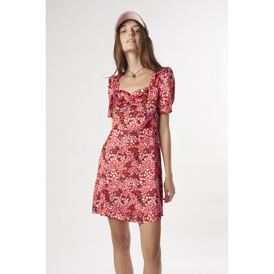 ESP เดรสคอทรงหัวใจพิมพ์ลายมินิฮาร์ท ผู้หญิง สีแดง | Sweetheart Neck Mini Heart Print Dress | 05937