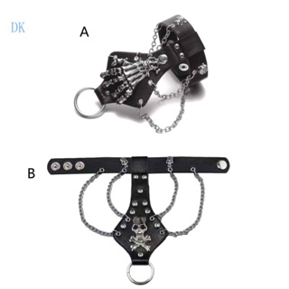 Dk สร้อยข้อมือหนัง สไตล์พังก์ โกธิค สีดํา พร้อมแหวนโครงกระดูก เครื่องประดับ สําหรับผู้ชาย ผู้หญิง ฮาโลวีน