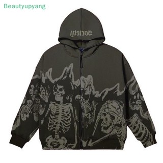 [Beautyupyang] เสื้อกันหนาวแขนยาว มีฮู้ด มีซิป พิมพ์ลายการ์ตูนหัวกะโหลก สไตล์วินเทจ โกธิค ฮาราจูกุ ทรงหลวม สําหรับผู้ชาย และผู้หญิง