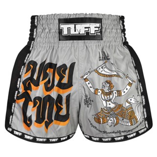 กางเกงซ้อมมวย กางเกงมวยไทย กางเกงกีฬา TUFF Muay Thai Boxing Shorts New Retro Style Grey Hanuman Yantra with War Flag