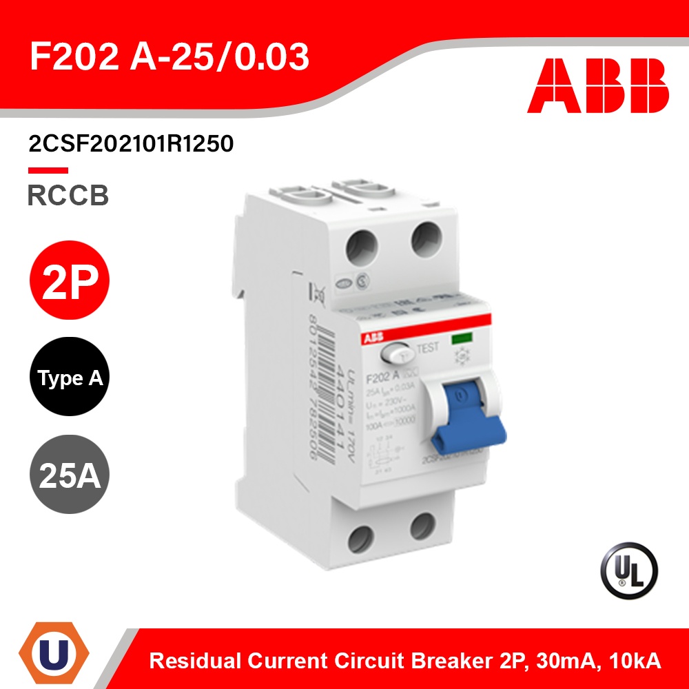 ABB F202 A-25/0.03 Residual Current Circuit Breaker (RCCB) 2P, TypeA, 30mA, 25A รุ่น F200 l 2CSF2021