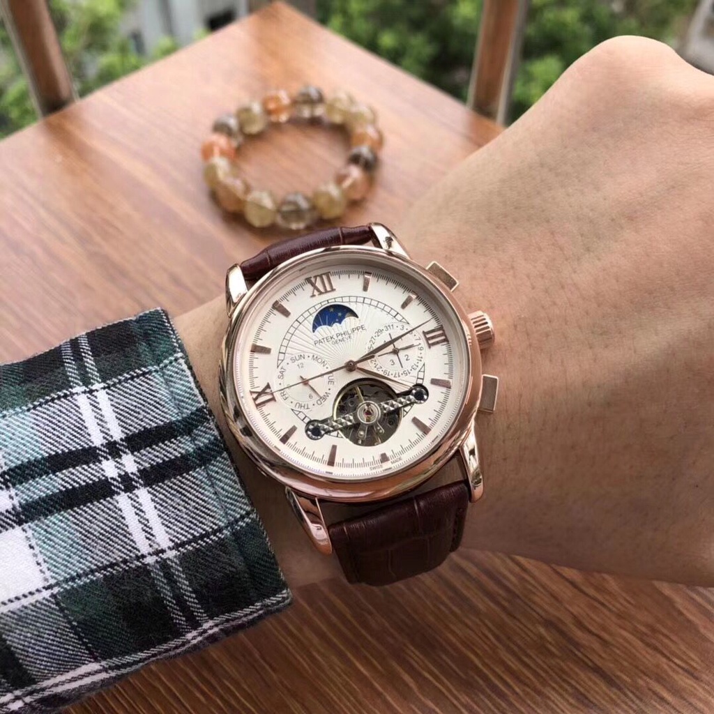 คุณภาพสูง tourbillon Golden นาฬิกาผู้ชาย Complications Perpetual ปฏิทิน moon Phase นาฬิกาอัตโนมัติ หน้าปัดสีดําโครงกระดูก wristMoon Phase Flywheel