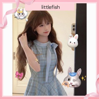 [littlefish] ชุดเดรสเจ้าหญิง ลายสก๊อต เอวแคบ สไตล์ชาแนล ฤดูร้อน หรูหรา ขนาดใหญ่ สําหรับผู้หญิง