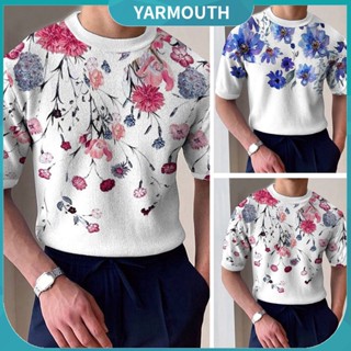 Yyr-- เสื้อยืดคอกลม แขนสั้น ผ้าถัก พิมพ์ลายดอกไม้ ระบายอากาศ แบบสวมหัว แนวสตรีท ฤดูร้อน สําหรับผู้ชาย