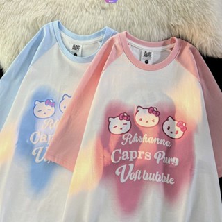 SANRIO เสื้อยืดแขนสั้น ผ้าฝ้าย ระบายอากาศได้ดี พิมพ์ลายการ์ตูนคิตตี้น่ารัก สไตล์ญี่ปุ่น สําหรับผู้หญิง Y2k