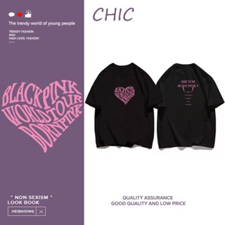 CHIC ผ้าฝ้ายแท้ ตัวอักษรแฟชั่นพิมพ์เสื้อยืดแขนสั้น BLACKPINK T0222