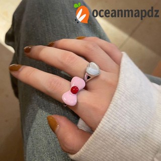 OCEANMAPDZ แหวน โลหะผสม แบบเปิด รูปหัวใจ ประดับโบว์ สีชมพู สไตล์เกาหลี สําหรับผู้หญิง