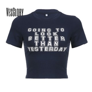 Vesglory เสื้อครอปท็อป คอกลม แขนสั้น พิมพ์ลายตัวอักษร สีตัดกัน สําหรับผู้หญิง 2023