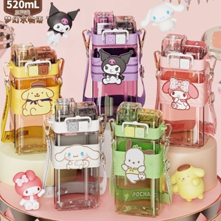 Kawaii Sanrio ขวดน้ําดื่ม พร้อมหลอดดูดคู่ ขนาด 520 มล. พร้อมสายคล้อง ลาย MyMelody Cinnamoroll Kuromi