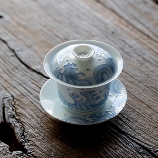 Du ชุดถ้วยชาเซรามิค พร้อมฝาปิด ลายคลื่นทะเล Sancai Gaiwan